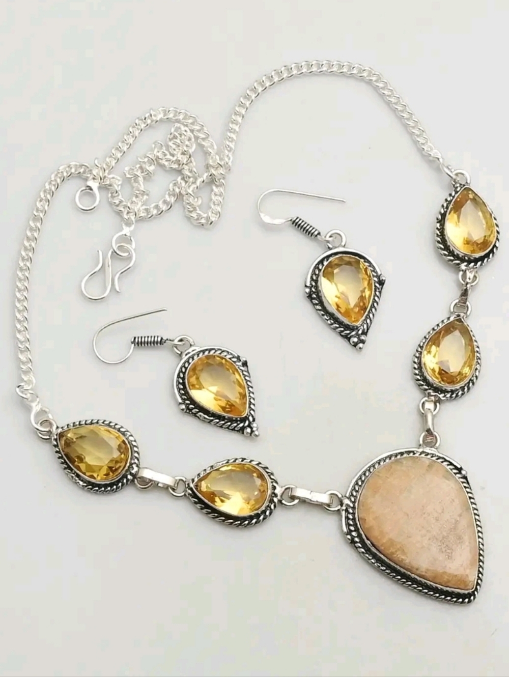 Mexican Yellow Lace Agate, Citrine 925 Sterling Silver Pendant Necklace Earrings